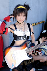 Rule 34 | 1girl, asian, belt, breasts, cosplay, cosplay photo, elbow gloves, electric guitar, fender stratocaster, fishnet legwear, fishnets, gloves, guitar, hairband, instrument, kipi-san, looking at viewer, midriff, photo (medium), real life, small breasts, solo, suzumiya haruhi, suzumiya haruhi (cosplay), suzumiya haruhi no yuuutsu