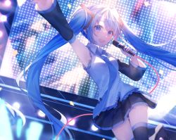 Rule 34 | 1girl, :d, arm up, armpits, black footwear, black skirt, blue hair, blue necktie, boots, breasts, cable, collared shirt, detached sleeves, dutch angle, hatsune miku, highres, holding, holding microphone, leg up, long hair, long sleeves, looking at viewer, microphone, miniskirt, necktie, open mouth, pleated skirt, purple eyes, shiromi, shirt, skirt, smile, solo, stage, thigh boots, thigh gap, thighhighs, twintails, very long hair, vocaloid, white shirt