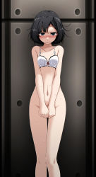 Rule 34 | 1girl, against wall, bare arms, bare legs, black eyes, black hair, blush, bottomless, bra, closed mouth, collarbone, covering crotch, covering privates, creatures (company), flat chest, game freak, highres, indoors, looking at viewer, medium hair, nintendo, pokemon, pokemon sm, selene (pokemon), solo, standing, straight hair, sweatdrop, tears, thigh gap, tsukishiro saika, underwear, underwear only, white bra