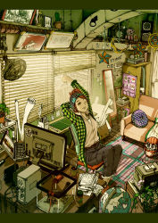 Rule 34 | 1girl, absurdres, book, brown hair, cactus, clock, computer, couch, cuckoo clock, daruma doll, diploma, doll, electric fan, globe, green eyes, hairband, highres, computer keyboard, laptop, letterboxed, mirror, monitor, one eye closed, original, pen, photo (object), plant, potted plant, quill, room, scenery, solo, speaker, stretching, stuffed animal, stuffed toy, teddy bear, television, terrarium, trophy, turtle, wink, wyx2