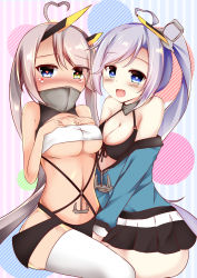 Rule 34 | 2girls, ahoge, azur lane, bandeau, bikini, bikini top only, black bikini, black sailor collar, black skirt, blue eyes, blue shirt, blush, breasts, cleavage, commentary request, covered mouth, dark-skinned female, dark skin, eyes visible through hair, facepaint, fang, feet out of frame, heart, heart-shaped pupils, heart ahoge, heterochromia, highres, index fingers together, indianapolis (azur lane), large breasts, long hair, looking at viewer, miniskirt, multiple girls, off shoulder, open mouth, pink hair, pleated skirt, portland (azur lane), purple hair, sailor collar, shirt, siblings, side ponytail, sisters, skirt, smile, swimsuit, symbol-shaped pupils, thighhighs, turtleneck, twintails, underboob, very long hair, white bandeau, white thighhighs, yellow eyes, zatu