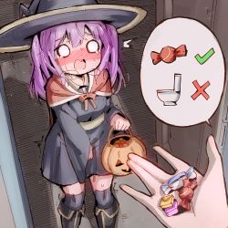 Rule 34 | 1girl, ^^^, absurdres, basket, between legs, black dress, black footwear, black headwear, black thighhighs, blush, boots, bow, bowtie, breath, candy, capelet, disembodied hand, door, dress, embarrassed, female focus, flat chest, food, from above, halloween, halloween bucket, hand between legs, hat, have to pee, highres, holding, holding basket, holding candy, holding food, indoors, knee boots, long hair, long sleeves, looking up, nose blush, o o, open mouth, original, pee, peeing, peeing self, pink hair, pov, red bow, red bowtie, red capelet, rita (rune (dualhart)), rune (dualhart), sash, short dress, sidelocks, solo focus, speech bubble, standing, surprised, sweat, talking, tears, thighhighs, toilet, trembling, twintails, wavy mouth, white eyes, wide-eyed, wide sleeves, witch, witch hat, zettai ryouiki