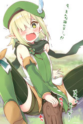 Rule 34 | 1girl, aoi (princess connect!), arm support, bare shoulders, beret, blush, boots, commentary request, elf, green eyes, green footwear, green hair, green hat, green scarf, green shirt, green shorts, green thighhighs, hair over one eye, hat, highres, knee boots, leaning back, log, open mouth, pointy ears, princess connect!, ryuki (ryukisukune), scarf, shirt, short shorts, shorts, sleeveless, sleeveless shirt, solo, speed lines, spread legs, striped clothes, striped thighhighs, sweat, thighhighs, translation request, trembling, vertical-striped clothes, vertical-striped thighhighs, white background