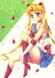 Rule 34 | 1girl, absurdres, bishoujo senshi sailor moon, blonde hair, blue eyes, blue sailor collar, blue skirt, boots, brooch, choker, circlet, double bun, earrings, elbow gloves, french text, gloves, hair ornament, high heel boots, high heels, highres, jewelry, knee boots, hugging own legs, long hair, miniskirt, newspaper, petals, pleated skirt, red footwear, ribbon, sailor collar, sailor moon, skirt, solo, touki matsuri, tsukino usagi, twintails, very long hair, white gloves