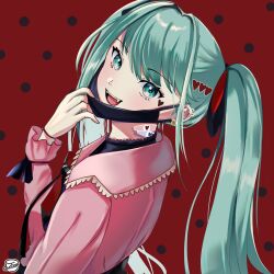 Rule 34 | 1girl, absurdres, aqua eyes, aqua hair, artist logo, artist name, black mask, black ribbon, black shirt, bracelet, collared jacket, commentary, dark background, dutch angle, dwotea, ear piercing, earrings, english commentary, facial mark, fangs, hair ornament, hair ribbon, hatsune miku, heart, heart facial mark, heart hair ornament, highres, jacket, jewelry, lace-trimmed collar, lace trim, long hair, long sleeves, looking at viewer, mask, mask pull, mouth mask, neck ribbon, open mouth, outline, piercing, pink jacket, polka dot, polka dot background, red background, ribbon, shirt, smile, solo, stud earrings, teeth, tsurime, upper body, upper teeth only, vampire (vocaloid), vocaloid, white outline