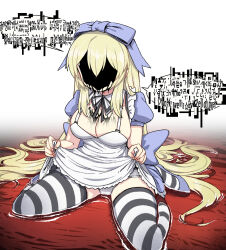 Rule 34 | 1girl, alice (black souls), apron, apron lift, black ribbon, black souls, blonde hair, blue bow, blue footwear, bow, breasts, cleavage, clothes lift, fingernails, hair bow, highres, hole in face, large breasts, lifting own clothes, long hair, neck ribbon, nyong nyong, panties, puffy short sleeves, puffy sleeves, ribbon, shoes, short sleeves, sidelocks, solo, speech bubble, straight hair, striped clothes, striped thighhighs, thighhighs, underwear, very long hair, white apron, white panties