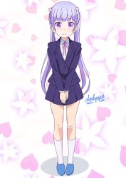 Rule 34 | 1girl, blue footwear, closed mouth, collared shirt, commentary request, dated, floral background, flower, full body, hair flower, hair ornament, jacket, long hair, looking at viewer, neck ribbon, new game!, own hands together, pink flower, pink ribbon, pleated skirt, purple eyes, purple hair, purple jacket, purple skirt, ribbon, sakayaya, shirt, signature, skirt, slippers, smile, socks, solo, standing, suzukaze aoba, twintails, v arms, very long hair, white shirt, white socks
