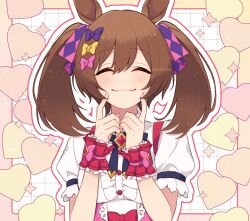 Rule 34 | 1girl, ^ ^, animal ears, blush, bow, bowtie, brown hair, center opening, closed eyes, closed mouth, facing viewer, fingers to cheeks, hair bow, hands up, heart, horse ears, medium hair, nm222hz, outline, shirt, short sleeves, smart falcon (umamusume), smile, solo, twintails, twitter username, umamusume, upper body, watermark, white shirt, wrist cuffs