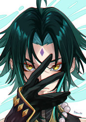 Rule 34 | 1boy, absurdres, ahoge, arm guards, bead necklace, beads, black hair, closed mouth, facial mark, forehead mark, genshin impact, gloves, green gloves, green hair, hand on own face, highres, jewelry, long hair, looking at viewer, male focus, multicolored hair, necklace, parted bangs, poison17, simple background, slit pupils, solo, xiao (genshin impact), yellow eyes