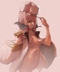 Rule 34 | 10s, 1girl, absurdres, breasts, coat, cropped torso, darling in the franxx, green eyes, hand on headwear, hat, highres, horns, long hair, looking at viewer, naked coat, navel, nipples, nude, oni horns, open clothes, open coat, pink hair, red horns, small breasts, solo, tongue, tongue out, upper body, white hat, zanyak, zero two (darling in the franxx)