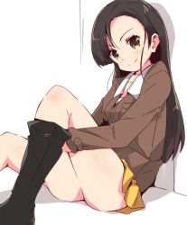 Rule 34 | 1girl, against wall, asymmetrical bangs, black footwear, boots, brown eyes, brown hair, brown jacket, closed mouth, commentary, girls und panzer, head tilt, hugging own legs, jacket, knee boots, leaning back, legs, long hair, long sleeves, looking at viewer, military, military uniform, miniskirt, nishi kinuyo, pleated skirt, shadow, shirt, sitting, skirt, smile, solo, tom q (tomtoq), uniform, white shirt, yellow skirt