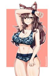 Rule 34 | 1girl, absurdres, animal ears, bikini, blue bikini, border, breasts, brown hair, bullpup, camouflage, camouflage bikini, cleavage, closed eyes, closed mouth, commission, gun, highres, imaizumi kagerou, looking at viewer, navel, noonnoon531, pink background, pixiv commission, red eyes, solo, swimsuit, tail, touhou, weapon, white border, wolf ears, wolf girl, wolf tail
