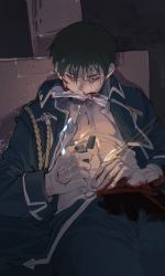 Rule 34 | 1boy, abs, absurdres, aiguillette, amestris military uniform, biting, black hair, black jacket, blood, blood on face, blood stain, collared jacket, commentary request, fire, fullmetal alchemist, furrowed brow, gloves, grimace, highres, holding, injury, jacket, lighter, long sleeves, looking down, male focus, military, military uniform, open clothes, open jacket, pain, roy mustang, shadow, single glove, sitting, solo, sparks, sweat, torn clothes, tsuchinoeichi kuchi, uniform, upper body, white gloves