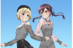 Rule 34 | 2girls, black skirt, blonde hair, blue eyes, brown eyes, brown hair, casual, closed mouth, clothing cutout, erica hartmann, frown, gertrud barkhorn, grey jumpsuit, grey shirt, grin, hair ribbon, highres, holding hands, jumpsuit, long sleeves, looking at another, looking back, low twintails, medium hair, multiple girls, naguramu, ribbon, see-through, shirt, short hair, shoulder cutout, skirt, smile, strike witches, sweatdrop, twintails, world witches series, yuri