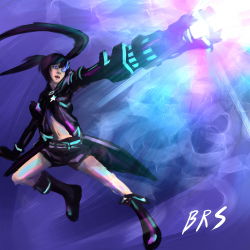 Rule 34 | 10s, 1girl, arm cannon, black hair, black rock shooter, black rock shooter (character), boots, coat, glowing, glowing eye, highres, long hair, ninjaham, shorts, solo, twintails, weapon, zipper