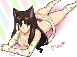 Rule 34 | 1girl, :&lt;, animal ears, ass, blue eyes, blush, bra, breasts, brown hair, cat ears, cat tail, head rest, cleavage, elbow gloves, fate/stay night, fate (series), gloves, hair down, kemonomimi mode, lilirulu, long hair, lying, on stomach, panties, paw print, solo, tail, thighhighs, tohsaka rin, underwear
