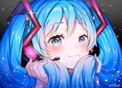 Rule 34 | 1girl, :3, artist name, black background, blue eyes, blue hair, close-up, closed mouth, dot nose, eyelashes, eyes visible through hair, glint, glowing, gradient background, grey background, hair between eyes, hands up, hatsune miku, headset, highres, holding, holding own hair, light blush, light particles, long hair, looking at viewer, pink pupils, shiny skin, sidelocks, simple background, smile, solo, sparkle, sparkling eyes, spider., straight hair, tareme, twintails, upper body, vocaloid