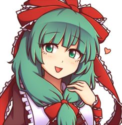 Rule 34 | 1girl, :d, commentary, frilled ribbon, frills, front ponytail, green eyes, green hair, hair ribbon, hand up, heart, kagiyama hina, long hair, looking at viewer, open mouth, portrait, red ribbon, ribbon, simple background, smile, solo, touhou, white background, white ribbon, wool (miwol)