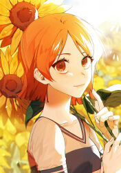 Rule 34 | 1girl, bbzico1267, blue skirt, breasts, closed mouth, collarbone, commentary request, field, flower, flower field, highres, holding, holding flower, light smile, looking at viewer, looking to the side, nami (one piece), one piece, orange eyes, orange hair, outdoors, shirt, short hair, short sleeves, skirt, small breasts, solo, sunflower, sunflower field, sunlight, two-tone shirt, upper body, white shirt