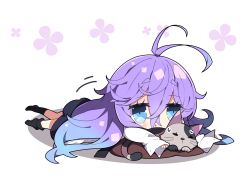 Rule 34 | 1girl, animal, antenna hair, black skirt, black socks, blue eyes, blue hair, cat, chibi, commentary request, cushion, floral background, fuyou-chan, gradient hair, hair between eyes, highres, long hair, long sleeves, lying, milkpanda, multicolored hair, no shoes, on stomach, original, parted lips, purple hair, shadow, shirt, short eyebrows, skirt, sleeves past fingers, sleeves past wrists, socks, solo, thick eyebrows, very long hair, white background, white shirt, zabuton