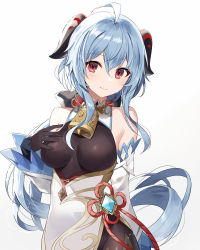 Rule 34 | 1girl, ahoge, bare shoulders, bell, black gloves, black leotard, blue hair, breasts, cowbell, detached collar, detached sleeves, ganyu (genshin impact), genshin impact, gloves, goat horns, gold trim, hand on own chest, highres, horns, large breasts, leotard, long hair, long sleeves, looking at viewer, low ponytail, neck bell, red eyes, simple background, smile, solo, upper body, white background, yon (letter)