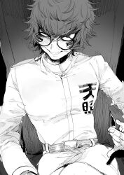 Rule 34 | 1boy, belt, evil grin, evil smile, furrowed brow, glasses, greyscale, grin, highres, jacket, long sleeves, looking at viewer, male focus, master detective archives: rain code, monochrome, na 6, round eyewear, short hair, sitting, smile, solo, spoilers, teeth, zilch alexander