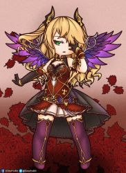 Rule 34 | 1girl, bad id, bad pixiv id, belt, blonde hair, bracelet, chibi, chuunibyou, cleavage cutout, clothing cutout, cosplay, detached sleeves, fake horns, fake wings, feathers, fischl (genshin impact), flower, genshin impact, green eyes, hanatsukki, hand over eye, horns, idolmaster, idolmaster cinderella girls, jewelry, kanzaki ranko, kanzaki ranko (cosplay), lace, lace-trimmed skirt, lace trim, long hair, miniskirt, open clothes, open skirt, red background, rose, simple background, skirt, thighhighs, trait connection, two side up, uchida maaya, voice actor connection, wings