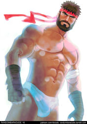 Rule 34 | 1boy, abs, arm wrap, bad id, bad tumblr id, bandana, bara, beard, black eyes, black hair, bulge, closed mouth, cowboy shot, dark-skinned male, dark skin, dutch angle, facial hair, forked eyebrows, large pectorals, light particles, looking at viewer, male focus, male underwear, mature male, muscular, muscular male, nipples, pectorals, randombaradude, red bandana, ryu (street fighter), short hair, simple background, solo, street fighter, thick beard, thick eyebrows, thick mustache, topless male, underwear, underwear only, veins, veiny arms, white background, white male underwear