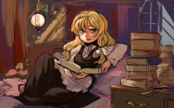 Rule 34 | 1girl, apron, bed, black skirt, black vest, blonde hair, book, book stack, bow, candle, commentary request, full body, hair between eyes, hair bow, indoors, kijima (amayadori-tei), kirisame marisa, lantern, long hair, looking at viewer, no headwear, open book, open mouth, raised eyebrow, shirt, skirt, skirt set, smile, solo, touhou, vest, waist apron, white apron, white bow, white shirt, window, yellow eyes