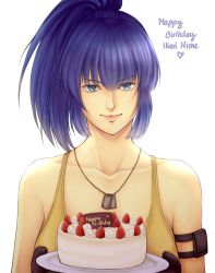 Rule 34 | 1girl, armband, birthday cake, black gloves, blue eyes, blue hair, breasts, cake, collarbone, dog tags, food, gloves, happy birthday, ktovhinao, large breasts, leona heidern, lips, long hair, smile, snk, solo, tank top, the king of fighters, tray
