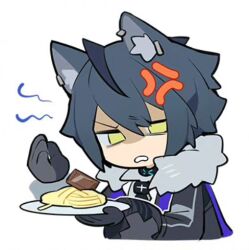 Rule 34 | 1boy, anger vein, arknights, black gloves, black hair, character request, chibi, chocolate, food, gloves, lowres, open mouth, pasta, short hair, sihzari, simple background, solo, white background