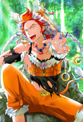 Rule 34 | 10s, 1boy, akai suzaku, animal, blue eyes, cat, collarbone, idolmaster, idolmaster side-m, jewelry, male focus, multicolored hair, necklace, nyako (idolmaster), open mouth, outdoors, outstretched hand, red hair, sitting, torn clothes, two-tone hair, yellow eyes