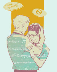 Rule 34 | 2boys, back, bad id, bad tumblr id, bow, bowtie, closed eyes, closed mouth, couple, ddjinn, dress shirt, english text, glasses, hair slicked back, hand on another&#039;s arm, hands in hair, hands on another&#039;s head, highres, kawabuchi sentarou, limited palette, male focus, multiple boys, musical note, nishimi kaoru, sakamichi no apollon, shirt, speech bubble, upper body, yaoi