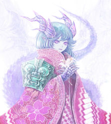 Rule 34 | 1girl, armor, claws, dragon girl, fantasy, flower, headgear, highres, holding, holding flower, horns, long hair, looking at viewer, matajirou (matagiro), monster girl, original, pointy ears, scales, shoulder armor, simple background, solo, pauldrons, standing, tail, white background, wide sleeves