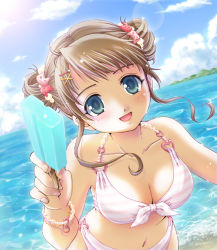 Rule 34 | 1girl, bikini, blue eyes, blush, bracelet, breasts, brown hair, cat hair ornament, cleavage, cloud, day, food, hair ornament, hairclip, hiyori (nyatto), jewelry, large breasts, navel, ocean, open mouth, original, popsicle, solo, swimsuit
