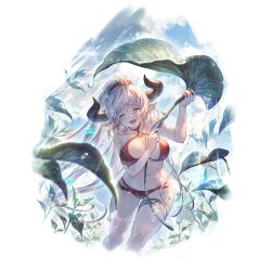 Rule 34 | 1girl, aliza (granblue fantasy), alpha transparency, bikini, blush, breasts, cleavage, closed eyes, draph, granblue fantasy, horns, large breasts, leaf umbrella, long hair, looking at viewer, minaba hideo, navel, official art, open mouth, pointy ears, ponytail, rain, red bikini, smile, solo, swimsuit, transparent background, very long hair, water, wet