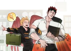 Rule 34 | 2boys, bag, beard, blonde hair, boku no hero academia, box stack, burn scar, carrying bag, casual, chest hair, earrings, endeavor (boku no hero academia), facial hair, facial mark, facial scar, feathered wings, feathers, flamecockforhwk, goatee, hawks (boku no hero academia), highres, implied yaoi, jewelry, locked arms, logo, looking at another, mature male, multiple boys, muscular, muscular male, mustache, partially unbuttoned, pectoral cleavage, pectorals, pointing, pointing to the side, product placement, red feathers, red hair, ring, round eyewear, scar, scar across eye, scar on cheek, scar on face, scar on mouth, shoebox, shopping bag, short hair, sideburns, size difference, spiked hair, spoken food, stubble, stud earrings, sunglasses, twitter username, unbuttoned, unbuttoned shirt, underpec, very short hair, wedding band, wings