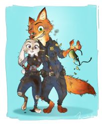Rule 34 | artist request, rabbit, disney, fox, full body, furry, glasses, grin, judy hopps, looking at viewer, necktie, nick wilde, no humans, police, police uniform, smile, standing, sunglasses, tail, torn clothes, uniform, zootopia
