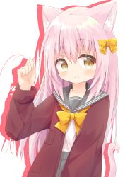 Rule 34 | 1girl, absurdres, animal ear fluff, animal ears, blush, bow, brown eyes, cat ears, cat girl, cat tail, closed mouth, colored shadow, commentary request, drop shadow, grey sailor collar, grey skirt, hair between eyes, hair bow, highres, jacket, long hair, long sleeves, looking at viewer, nakkar, open clothes, open jacket, original, patch, pink hair, pleated skirt, red jacket, sailor collar, school uniform, serafuku, shadow, shirt, skirt, smile, solo, tail, tail raised, very long hair, white background, white shirt, yellow bow