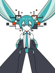 Rule 34 | 1girl, aqua eyes, aqua hair, aqua necktie, bare shoulders, black skirt, black sleeves, black thighhighs, closed mouth, collared shirt, colored skin, commentary, detached sleeves, feet out of frame, floating hair, hair ornament, hatsune miku, highres, long hair, long sleeves, looking at viewer, machigami yoh, necktie, pleated skirt, shirt, simple background, sitting, skirt, sleeveless, sleeveless shirt, sleeves past fingers, sleeves past wrists, solo, straight-on, symmetry, thighhighs, twintails, very long sleeves, vocaloid, white background, white shirt, white skin