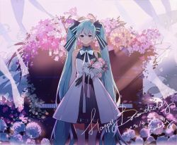 Rule 34 | 1girl, alternate costume, arm at side, black bow, blue bow, blue bowtie, blue eyes, blue hair, blush, bouquet, bow, bowtie, closed mouth, collared dress, dress, feet out of frame, flower, gloves, hair bow, halterneck, happy birthday, hatsune miku, highres, holding, holding bouquet, instrument, layered dress, long hair, looking at viewer, piano, pink lips, pleated dress, rose, signature, sleeveless, sleeveless dress, smile, solo, standing, striped, striped bow, sumery, transparent, twintails, very long hair, vocaloid, white dress, white flower, white gloves, white rose, wind, wing collar