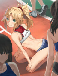 4girls back bare_legs bare_shoulders black_hair blonde_hair blue_buruma braid breasts brown_hair buruma commentary_request fate/apocrypha fate_(series) green_eyes highres legs long_hair looking_at_viewer mordred_(fate) mordred_(fate/apocrypha) multiple_girls parted_bangs ponytail shoes sidelocks small_breasts smile sneakers solo_focus sports_bra squatting sweat thighs tonee track_and_field