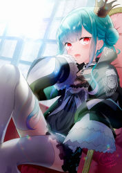 Rule 34 | 1girl, :d, absurdres, black dress, black jacket, blush, commentary request, crown, dress, earrings, fang, frilled dress, frills, green hair, hair bun, highres, hololive, indoors, jacket, jewelry, knee up, long hair, long sleeves, looking at viewer, mini crown, on chair, open clothes, open jacket, open mouth, red eyes, segawa luna, side bun, signature, single hair bun, single side bun, sitting, sleeves past fingers, sleeves past wrists, smile, solo, thighhighs, throne, tilted headwear, uruha rushia, uruha rushia (3rd costume), very long hair, virtual youtuber, white thighhighs, window