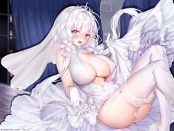 Rule 34 | 1girl, ass, azur lane, blue eyes, blush, breasts, bridal veil, cleavage cutout, clothing cutout, dress, elbow gloves, garter straps, gloves, hair ornament, hip focus, illustrious (azur lane), illustrious (morning star of love and hope) (azur lane), large breasts, long hair, looking at viewer, low twintails, mole, mole under eye, obiwan, open mouth, solo, thighhighs, thighs, tiara, twintails, twitter username, veil, wedding dress, white dress, white gloves, white hair, white thighhighs