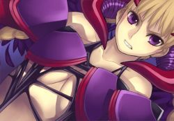 Rule 34 | 00s, 1girl, alternate costume, angry, ar tonelico, ar tonelico ii, armor, blonde hair, breast press, breasts, chroche latel pastalie, dutch angle, game cg, gust, horns, large breasts, nagi ryou, official art, purple eyes, solo, underboob