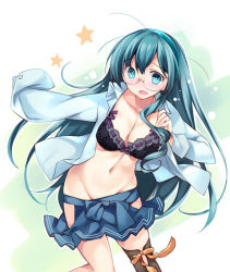 Rule 34 | 10s, 1girl, aqua eyes, aqua hair, black bra, black hair, blush, bra, breasts, cleavage, dressing, embarrassed, glasses, groin, hair ornament, hairband, hip vent, kantai collection, lace, lace-trimmed bra, lace trim, long hair, long sleeves, navel, no panties, ooyodo (kancolle), open mouth, pleated skirt, rei (rei&#039;s room), rimless eyewear, shirt, skirt, solo, underwear, undressing