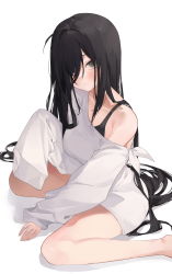 Rule 34 | 1girl, bare legs, black hair, blush, breasts, closed mouth, dress, hair over one eye, highres, large breasts, long hair, off shoulder, original, simple background, sitting, sleeves past fingers, sleeves past wrists, solo, soya (torga), very long hair, wariza, white background, white dress
