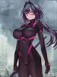 Rule 34 | 1girl, arms at sides, black hair, bodysuit, breasts, covered navel, cyborg, glasses, grey eyes, hair intakes, highres, holding, holding sword, holding weapon, katana, large breasts, long hair, looking at viewer, low ponytail, original, science fiction, skin tight, solo, sword, weapon, yoineya