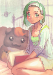 Rule 34 | 1girl, akimoto komachi, barefoot, blurry, blurry background, closed mouth, collarbone, green eyes, green hair, green shirt, headband, hood, hood down, hooded jacket, jacket, jj (ssspulse), looking at viewer, open clothes, open jacket, precure, shirt, short hair, short shorts, shorts, sitting, smile, solo, stuffed animal, stuffed toy, white headband, yes! precure 5