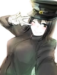 Rule 34 | 10s, 1girl, akitsu maru (kancolle), black hair, breasts, brown eyes, commentary request, female focus, gloves, gradient background, hand up, hat, highres, hometa, kantai collection, military, military hat, military uniform, one eye closed, outstretched arm, peaked cap, reaching, reaching towards viewer, selfie, short hair, smile, solo, uniform, v, white background